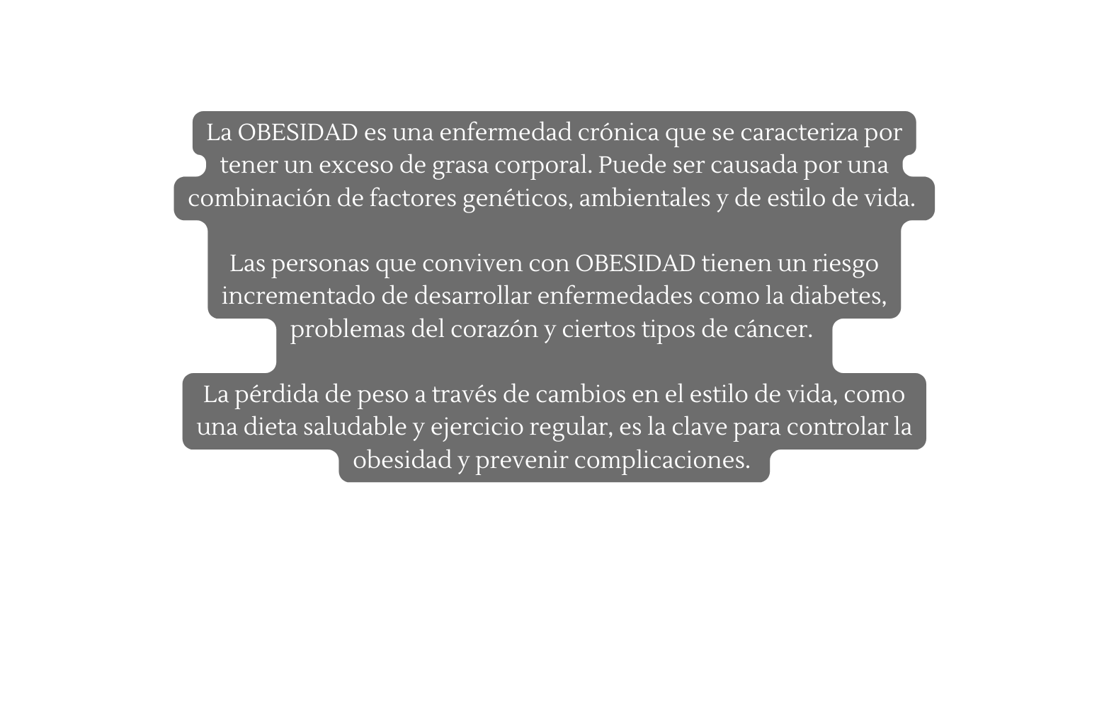 La OBESIDAD es una enfermedad crónica que se caracteriza por tener un exceso de grasa corporal Puede ser causada por una combinación de factores genéticos ambientales y de estilo de vida Las personas que conviven con OBESIDAD tienen un riesgo incrementado de desarrollar enfermedades como la diabetes problemas del corazón y ciertos tipos de cáncer La pérdida de peso a través de cambios en el estilo de vida como una dieta saludable y ejercicio regular es la clave para controlar la obesidad y prevenir complicaciones