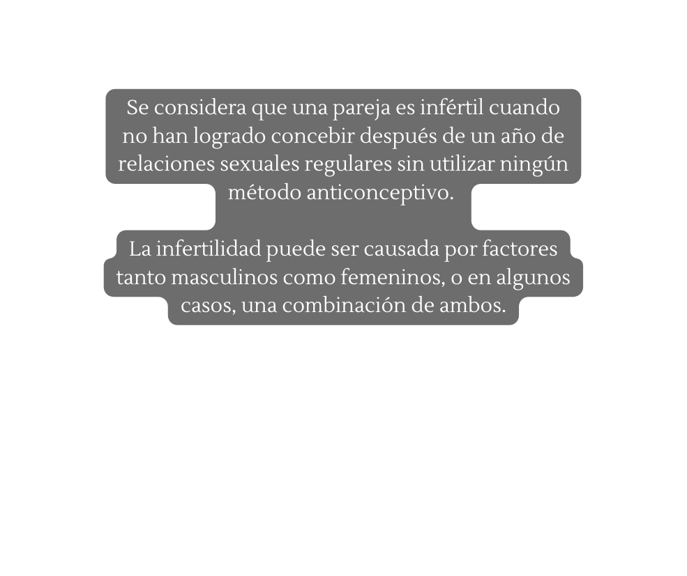 Se considera que una pareja es infértil cuando no han logrado concebir después de un año de relaciones sexuales regulares sin utilizar ningún método anticonceptivo La infertilidad puede ser causada por factores tanto masculinos como femeninos o en algunos casos una combinación de ambos