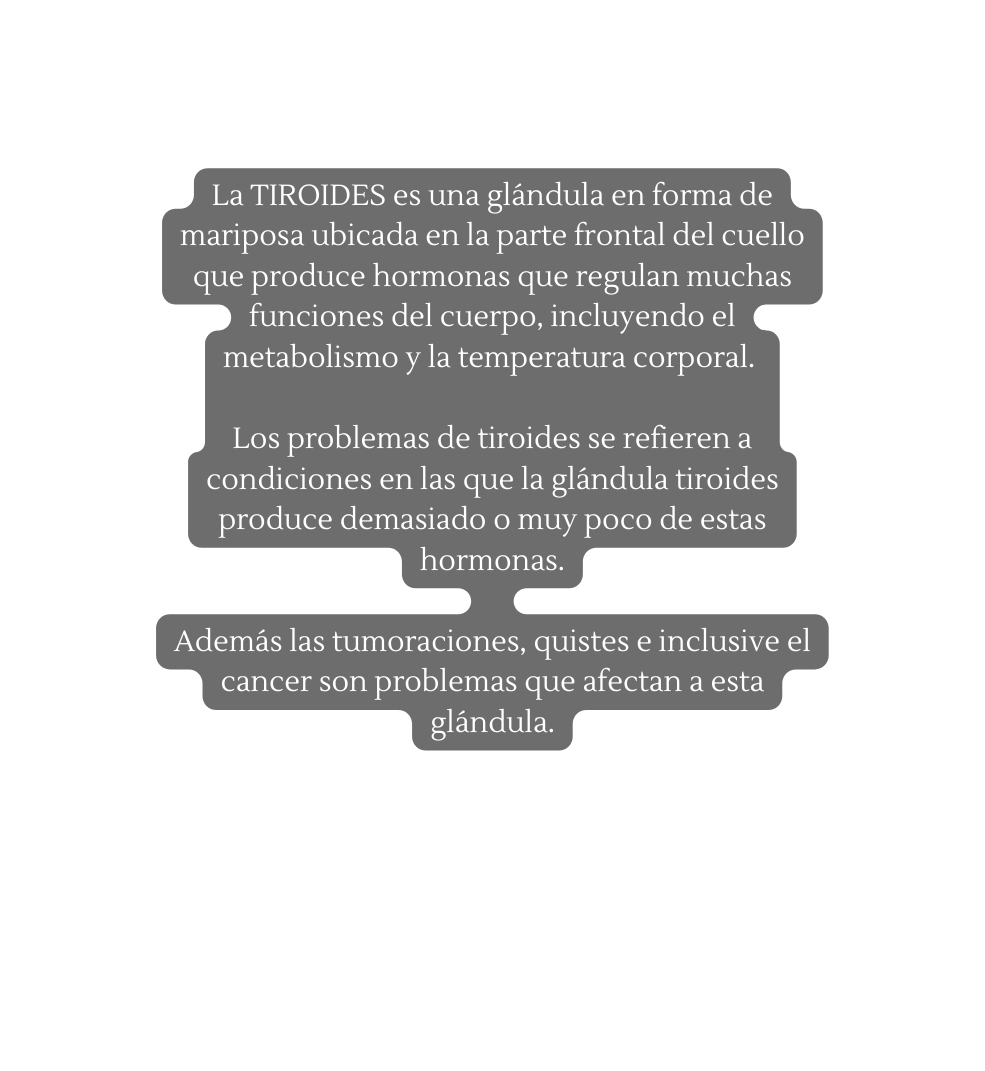 La TIROIDES es una glándula en forma de mariposa ubicada en la parte frontal del cuello que produce hormonas que regulan muchas funciones del cuerpo incluyendo el metabolismo y la temperatura corporal Los problemas de tiroides se refieren a condiciones en las que la glándula tiroides produce demasiado o muy poco de estas hormonas Además las tumoraciones quistes e inclusive el cancer son problemas que afectan a esta glándula